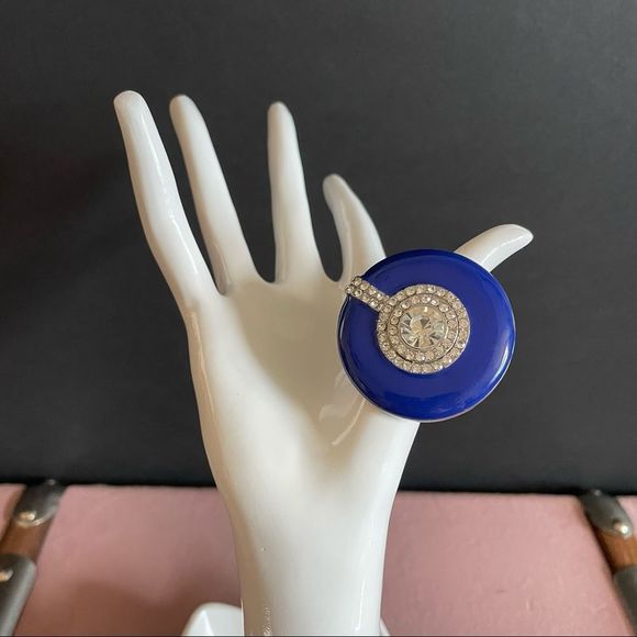 Royal Blue Enamel Round Shaped Stretch Cocktail Ring In Silver Plating Size 7/9 - Picture 4 of 9